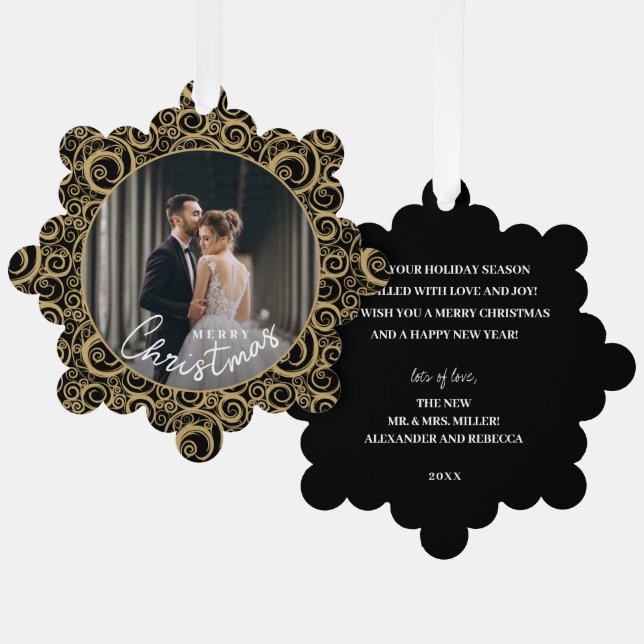 Wedding Photo on Gold Swirl Black Christmas Paper Ornament Card (Front/Back)