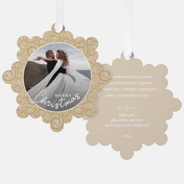 Wedding Photo on Gold Swirl Christmas  Ornament Card (Front/Back)