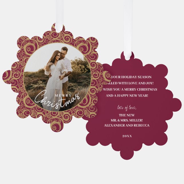 Wedding Photo on Gold Swirl Cranberry Christmas  Ornament Card (Front/Back)