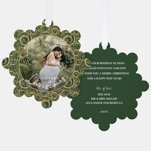 Wedding Photo on Gold Swirl Green Christmas  Ornament Card (Front/Back)