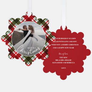 Wedding Photo on Plaid Plaid Christmas  Ornament Card