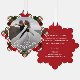 Wedding Photo on Plaid Plaid Christmas  Ornament Card