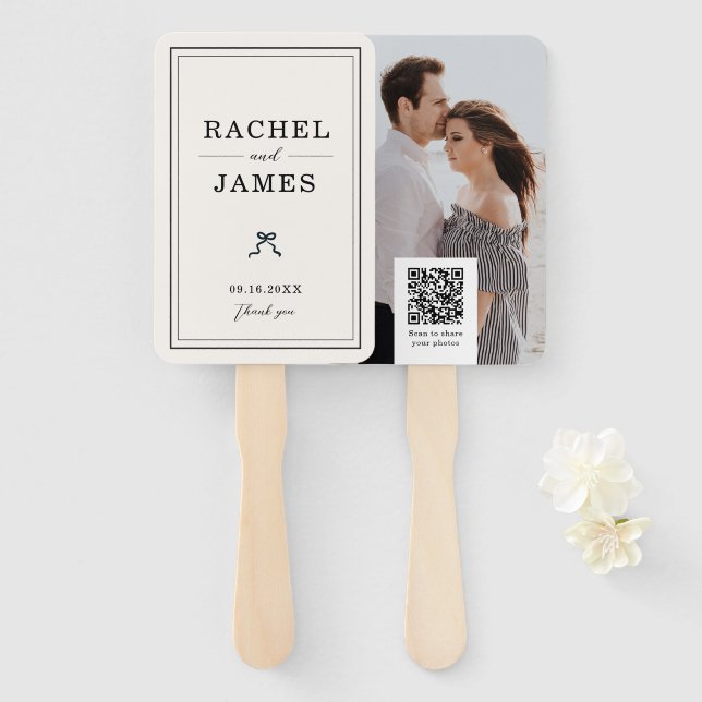 Wedding Photo QR Code Personalized Minimalist Bow Hand Fan (Front and Back)