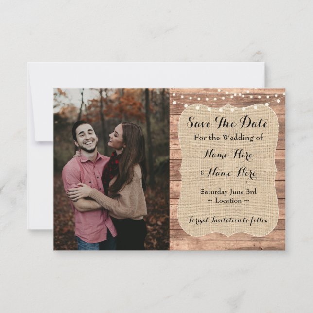 Wedding Photo Save The Date Burlap Wood Engagement Invitation (Front)