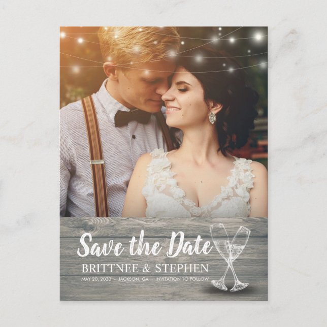 Wedding Photo Save The Date Champagne Glasses Wood Postcard (Front)