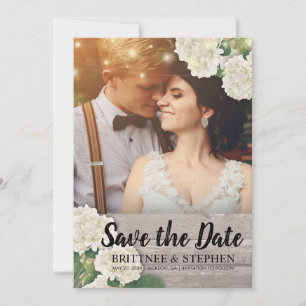 Wedding Photo Save The Date Hydrangeas Lights Wood