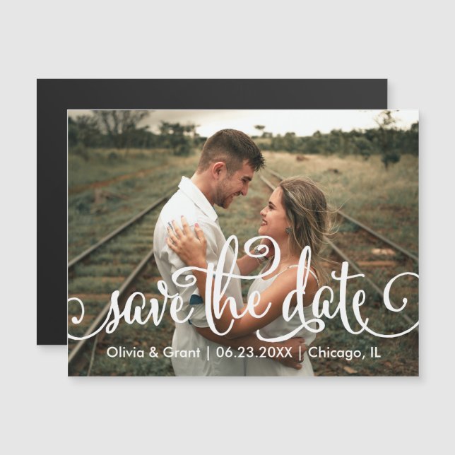Wedding Photo Save the Date | Modern White Script Magnetic Invitation (Front/Back)