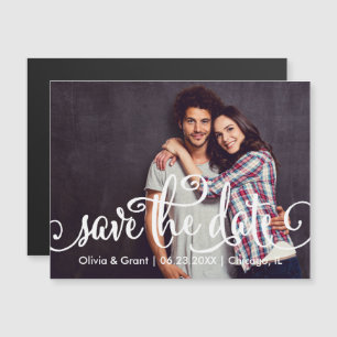 Wedding Photo Save the Date Modern White Script Magnetic Invitation