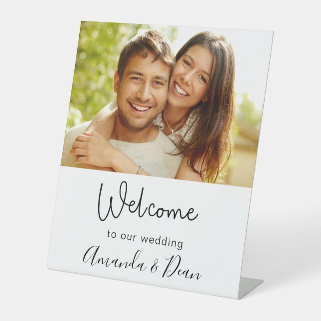 Wedding photo script white welcome pedestal sign (Front)
