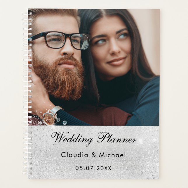 Wedding photo silver glitter bride 2024 planner (Front)
