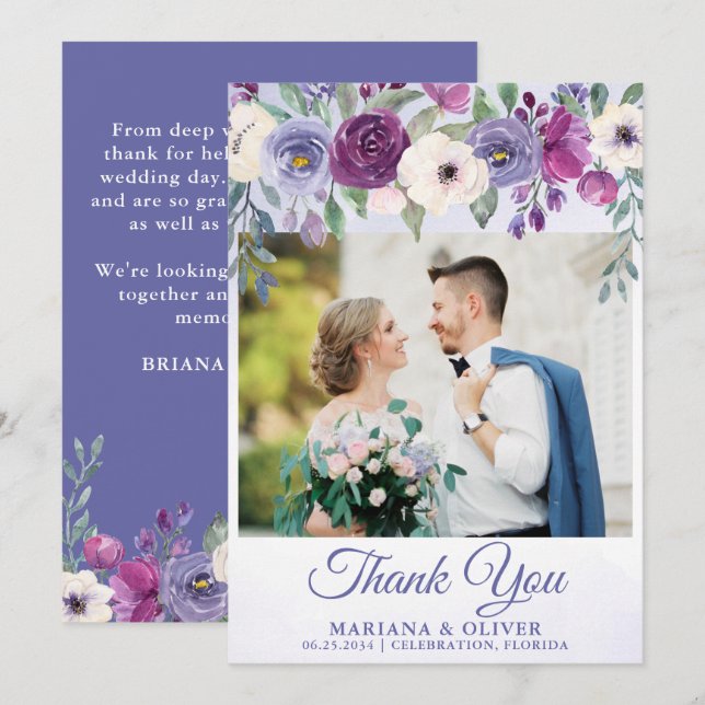 Wedding Photo Thank You Card Purple Fuchsia Floral (Front/Back)