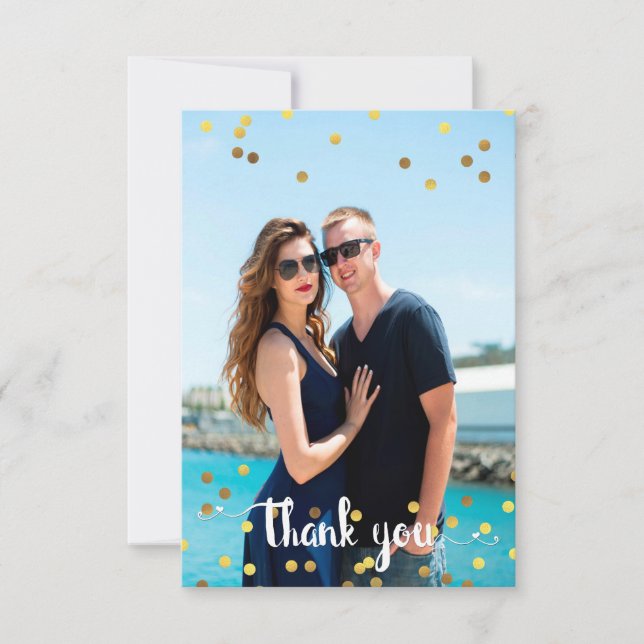 Wedding  Photo Thank You Faux Gold Foil Confetti Card (Front)