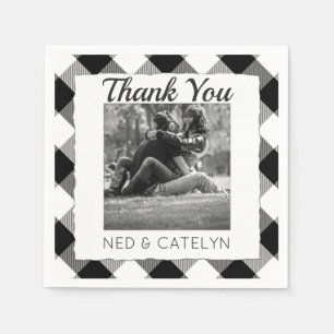Wedding Photo Thank You Monogram B&W Buffalo Check Napkin