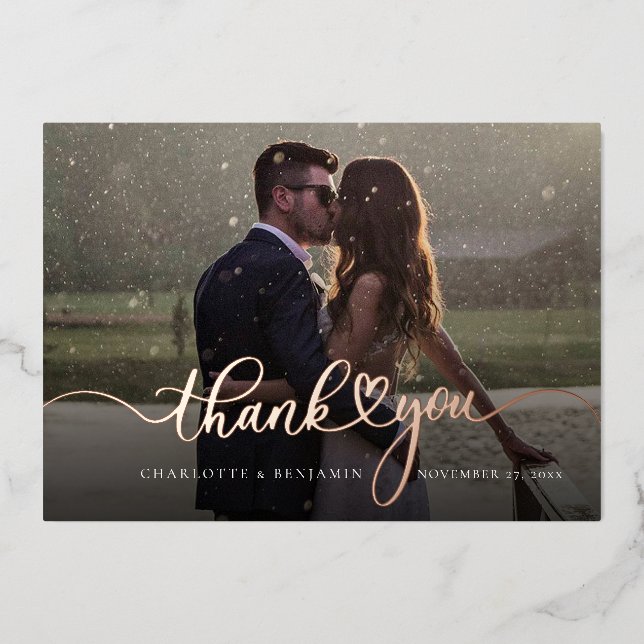 Wedding Photo Thank You  Rose Gold Foil Card (Front)