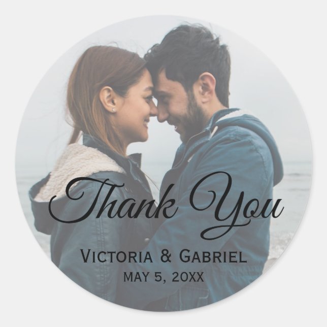 Wedding Photo Typography Script Thank You Classic Round Sticker (Front)