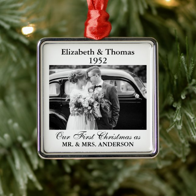 Wedding Photo Year Retro Memory Black and White Metal Ornament (Tree)