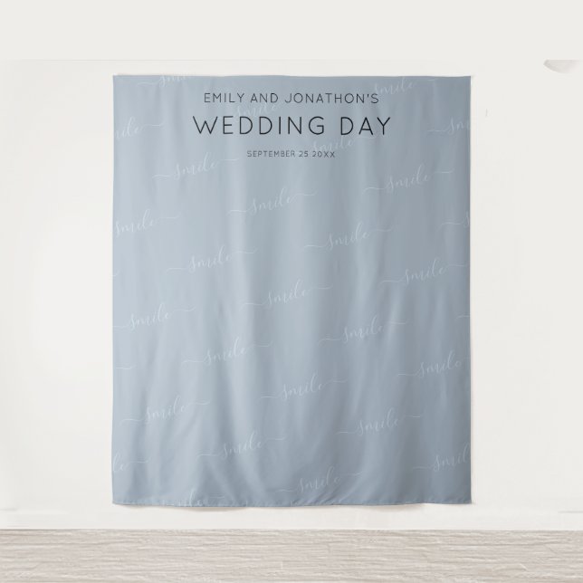 Wedding Photobooth Backdrop Typography Dusty Blue Tapestry (Front)