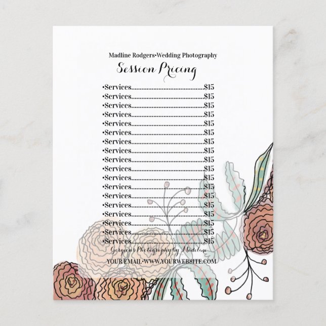 Wedding Photography Session Floral Pricing List Flyer (Front)