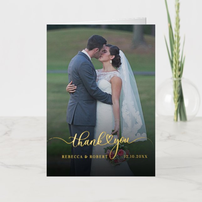 Wedding Photos Hand-Lettered Thank You Gold Foil Greeting Card (Front)