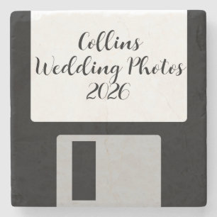 Wedding Photos Stone Coaster   Retro Floppy Disk
