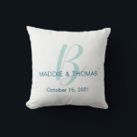 Wedding Pillow with Initial, Names and Date<br><div class="desc">This wedding throw pillow can be customized by changing the letter initial, names and date. You can also change the text colour to match your wedding colours. The background is a soft off-white blue. If you would like a custom background colour or if you need any help, please message us...</div>