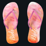 Wedding Pink and Orange Watercolor Bride Flip Flops<br><div class="desc">This pair of wedding flip flops feature a modern pink and orange watercolor painted background. The word "bride" appears in white calligraphy on the left and the right.</div>