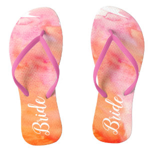 Wedding Pink and Orange Watercolor Bride Flip Flops