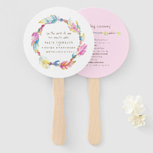 Wedding pink boho feather and beads program fans