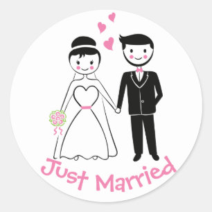 Wedding Pink  Bride & Groom Cartoon Just Married Classic Round Sticker