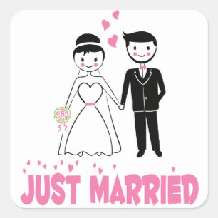 Wedding Pink  Bride & Groom Cartoon Just Married Square Sticker