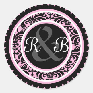 Wedding Pink Damask Monogram Initial Sticker