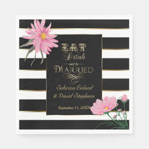 Wedding Pink Floral Bold Black and White Stripes Napkin