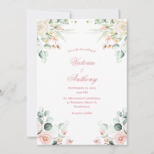 Wedding Pink Floral Elegant Pink Script Wedding Invitation (Front)