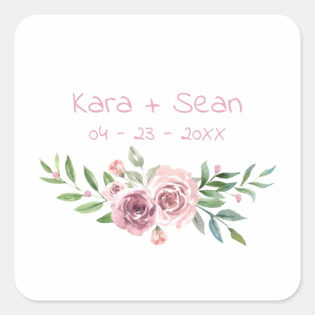 Wedding Pink Floral Garland Watercolor Effect Square Sticker (Front)