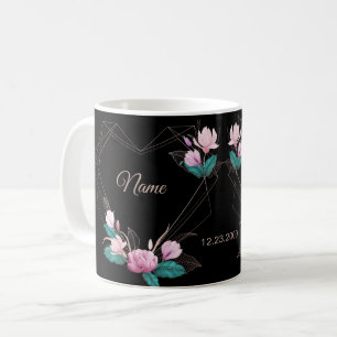 Wedding Pink Floral Golden Geometric Elegant Black Coffee Mug