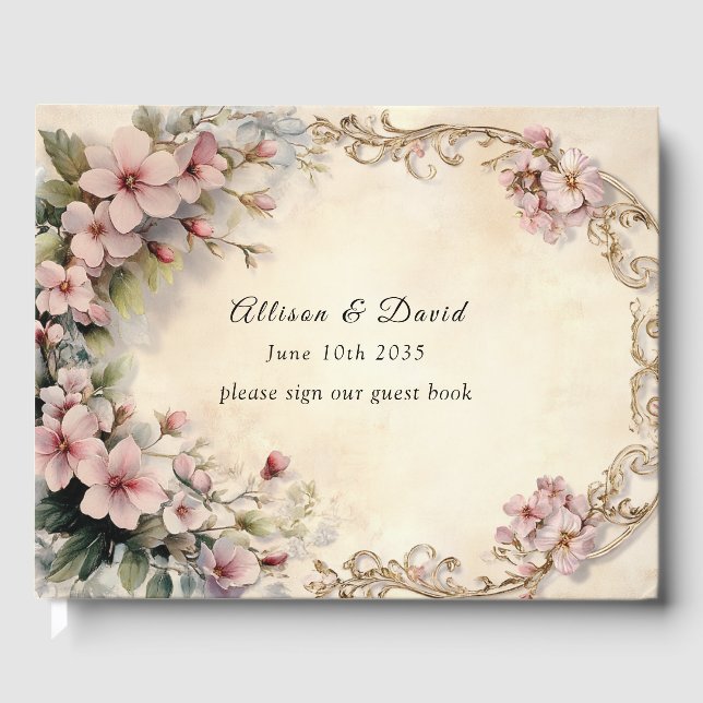 Wedding Pink Flowers Gild Filigree Frame Guest Book (Front)