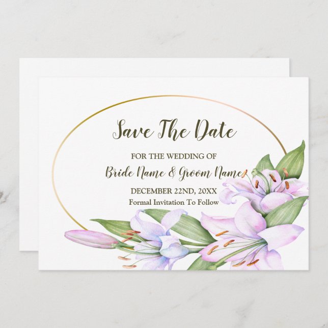 Wedding Pink Lily Flowers Golden Frame Beautiful Save The Date (Front/Back)