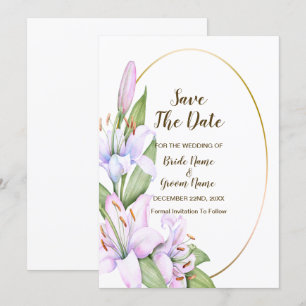 Wedding Pink Lily Flowers Golden Frame Beautiful Save The Date