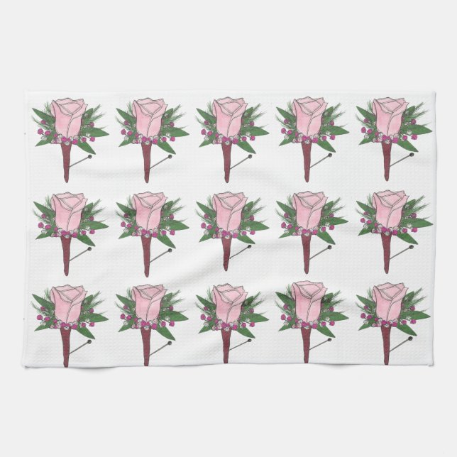 Wedding Pink Rose Boutonniere Bouquet Floral Groom Kitchen Towel (Horizontal)