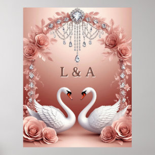 Wedding  Pink Rose Swan Couple Romantic Decor 💗