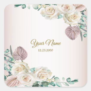 Wedding Pink Rose Watercolor Golden Dusty Party Square Sticker