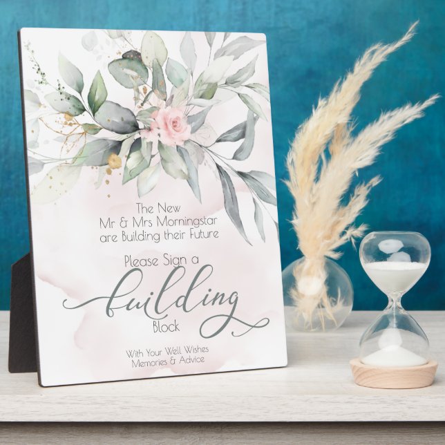 Wedding | Pink Watercolor Rose BOHO Building Block Plaque (Side)