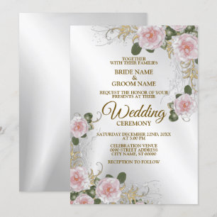 Wedding Pink White Floral Silver Rustic Elegant Invitation