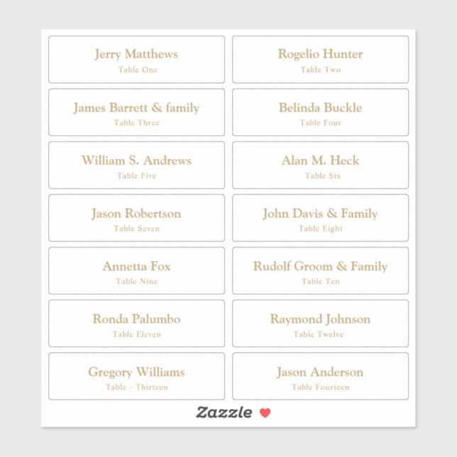 Wedding Place Card Guest Names Table Number Gold   (Sheet)