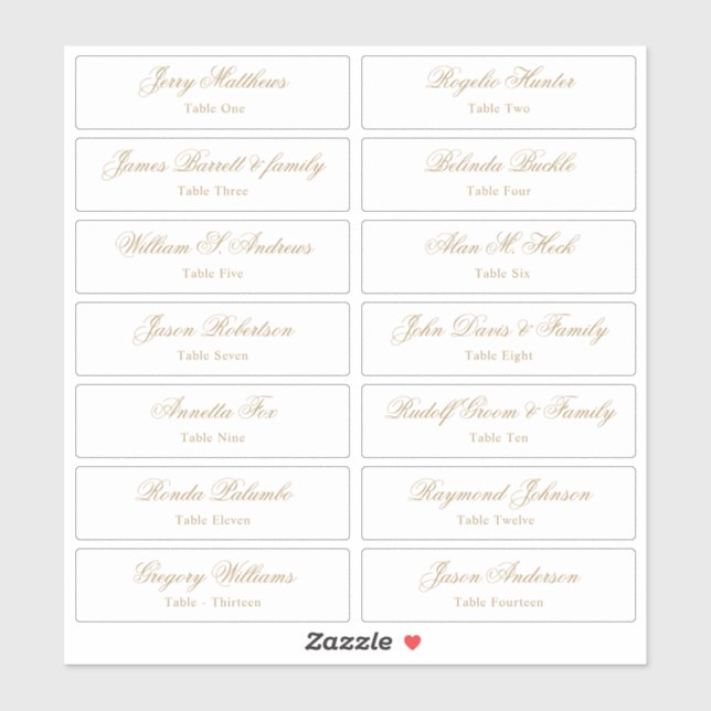 Wedding Place Card Guest Names Table Number  Stick (Sheet)