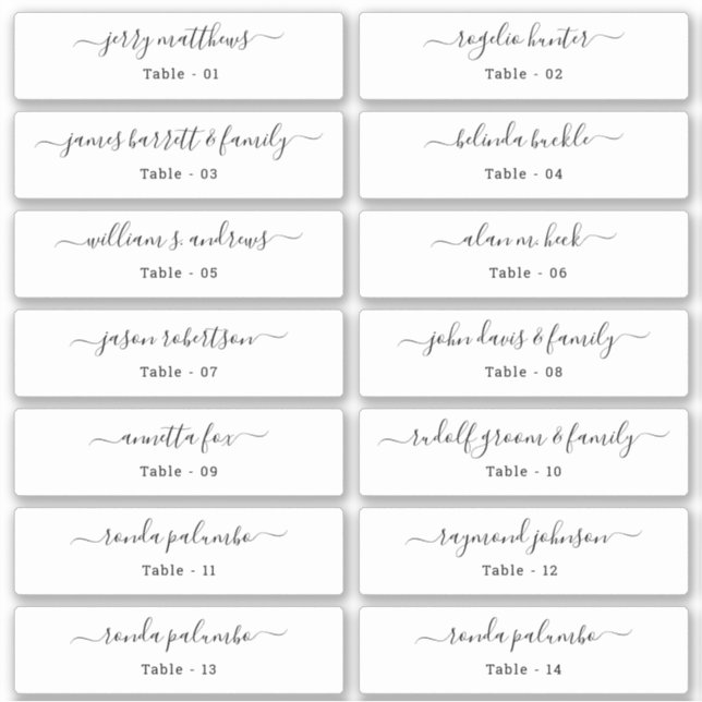 Wedding Place Card Guest Names Table Number  Stick (Front)