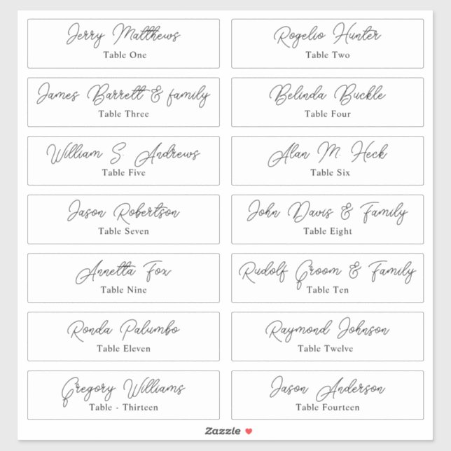 Wedding Place Card Guest Names Table Number  Stick (Sheet)