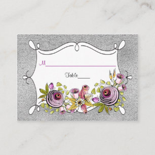 Wedding Place Card Plum Purple, FAUX Silver Foil