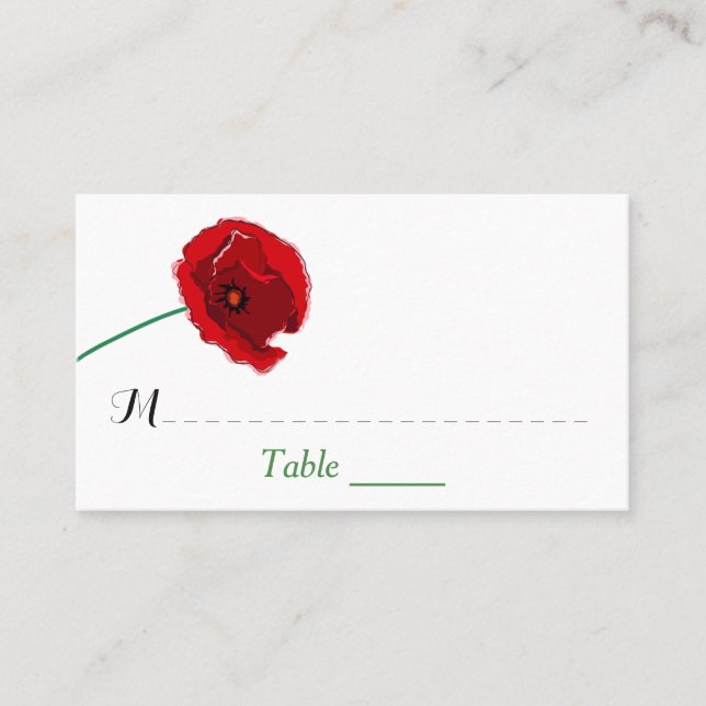 Wedding Place Card | Red Poppies | Black, Green (Front)