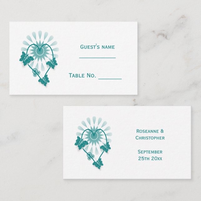 Wedding Place Card Teal Butterflies Heart (Front/Back)